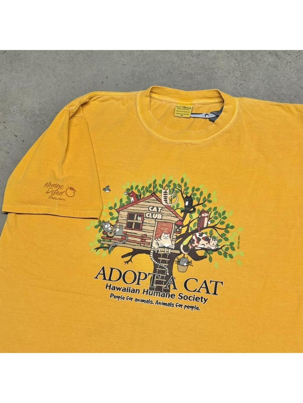 Vintage Crazy Shirts Cat T Shirt Mens XL Yellow Hawaiian Humane Society Adoption